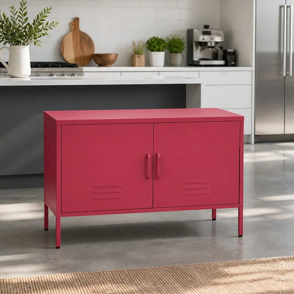 Pink Metal Buffet Sideboard Cabinet with Shelf