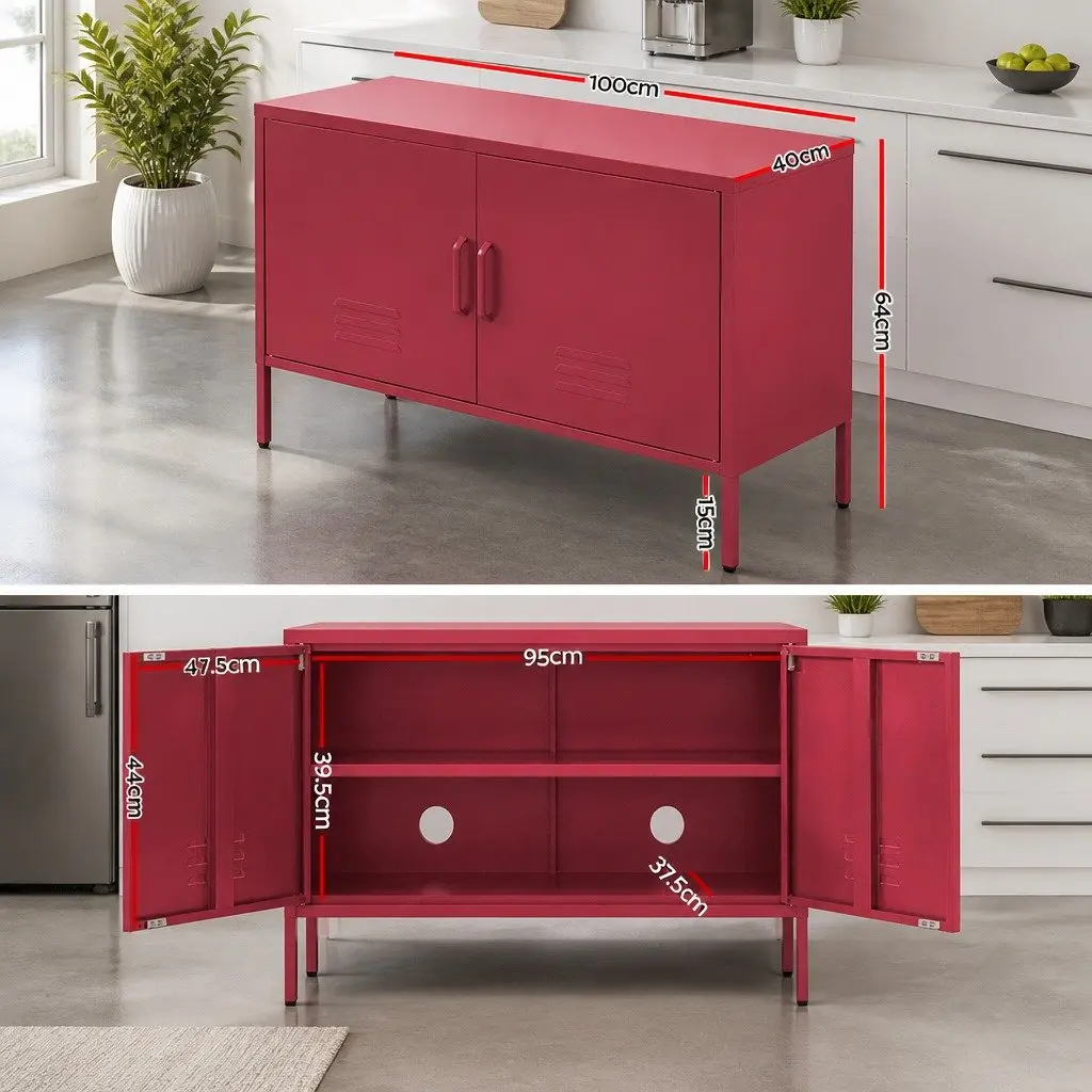 Pink Metal Buffet Sideboard Cabinet with Shelf