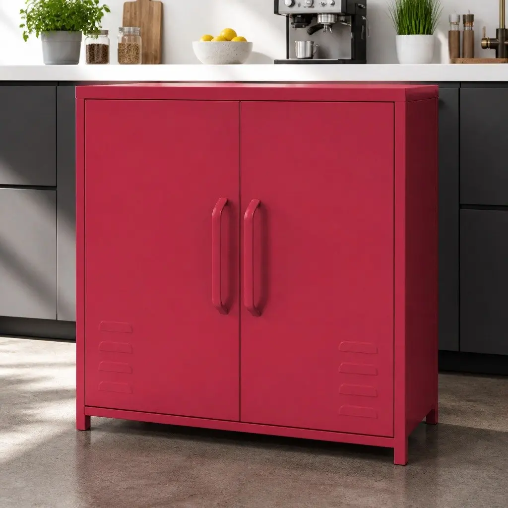 Pink Metal Buffet Sideboard Cabinet with Shelf