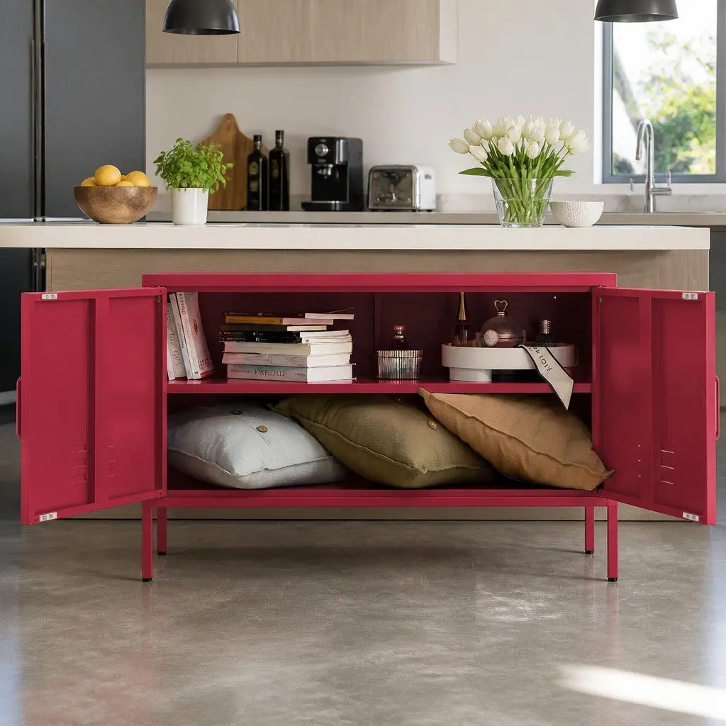 Pink Metal Buffet Sideboard Cabinet with Shelf
