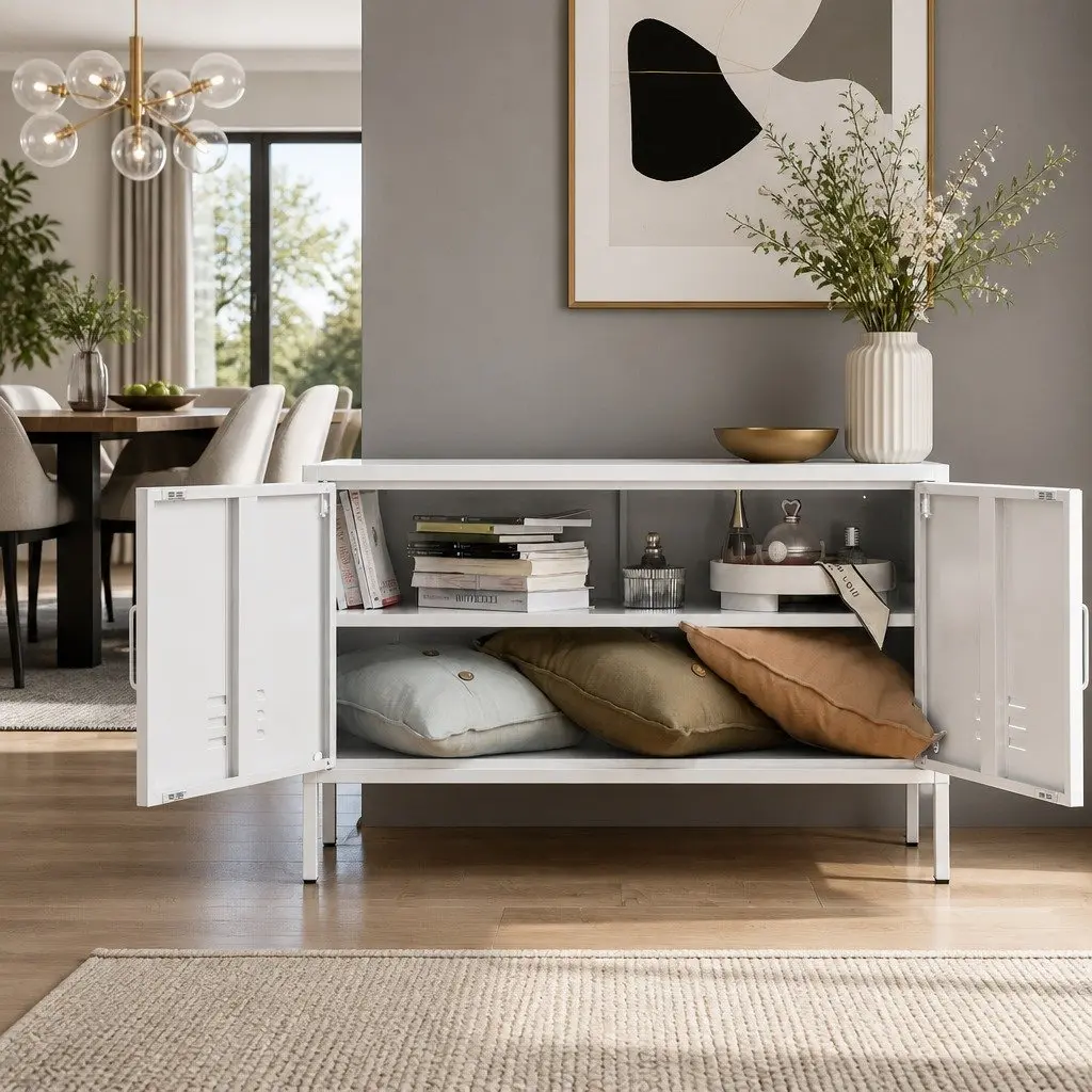 White Metal Buffet Sideboard Storage Cabinet