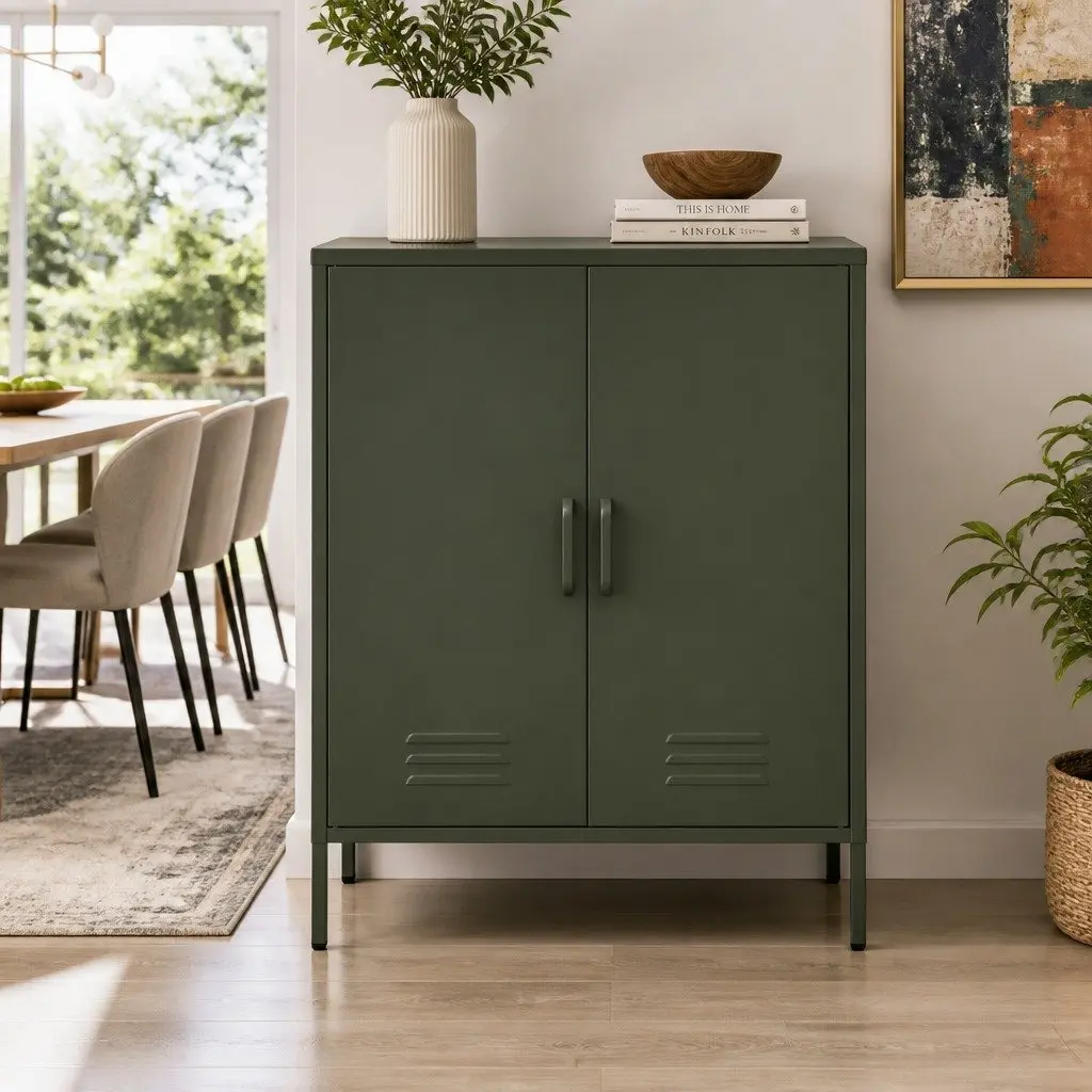 Green Metal Buffet Sideboard with Adjustable Storage
