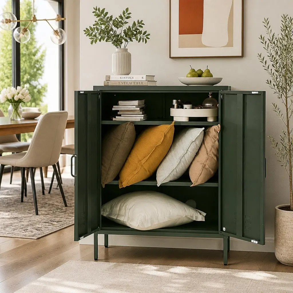 Green Metal Buffet Sideboard with Adjustable Storage