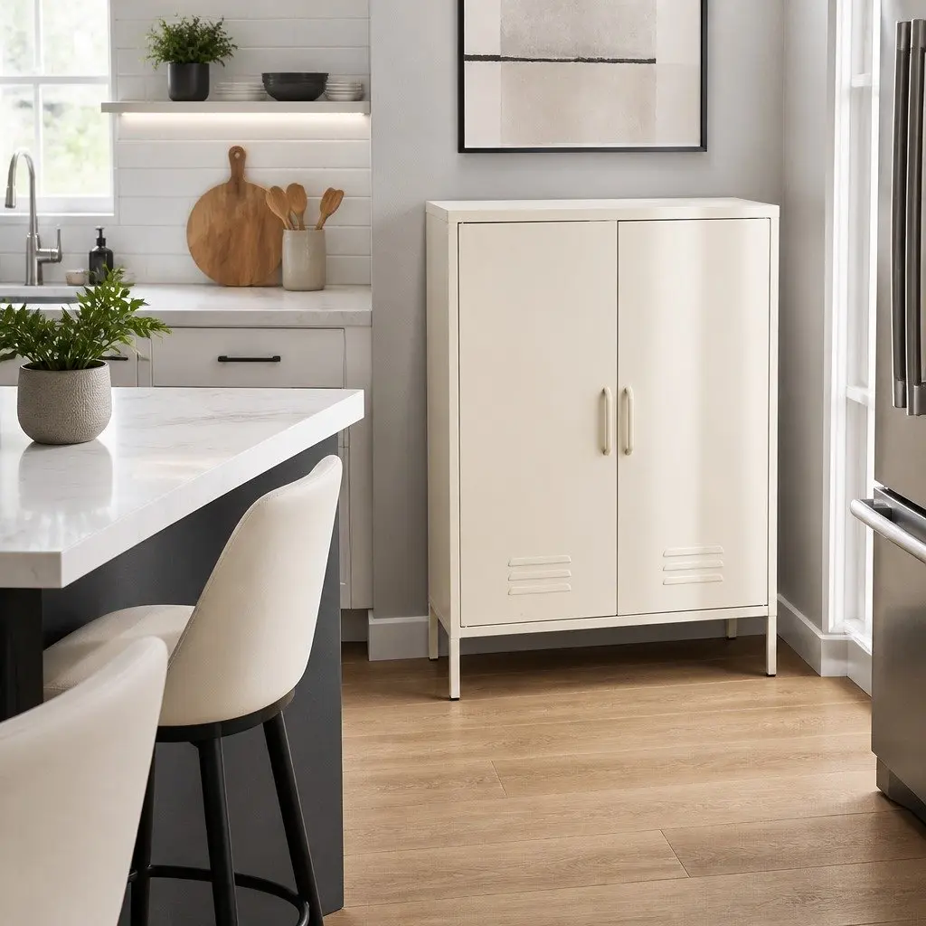 White Metal Buffet Sideboard with Adjustable Shelves