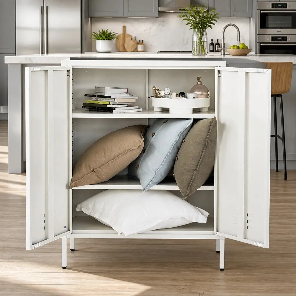 White Metal Buffet Sideboard with Adjustable Shelves