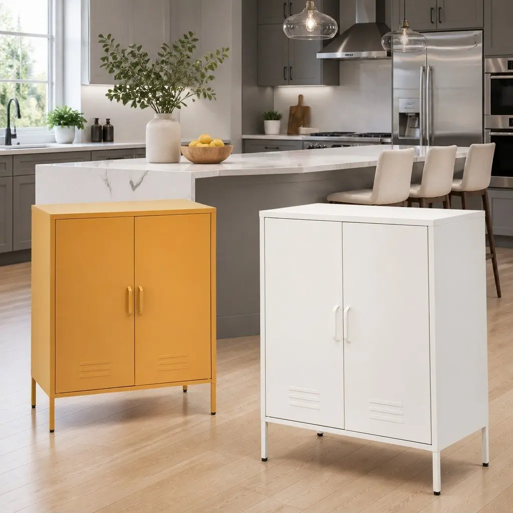White Metal Buffet Sideboard with Adjustable Shelves