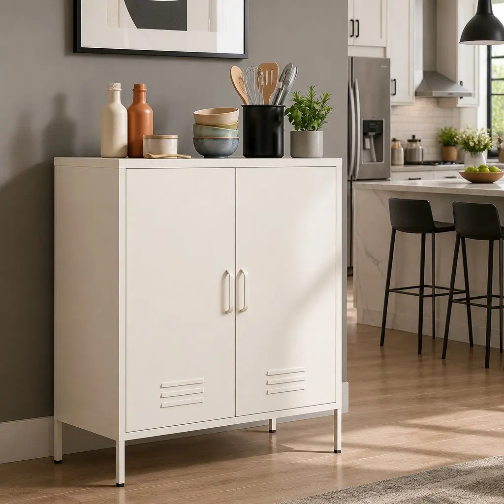 White Metal Buffet Sideboard with Adjustable Shelves