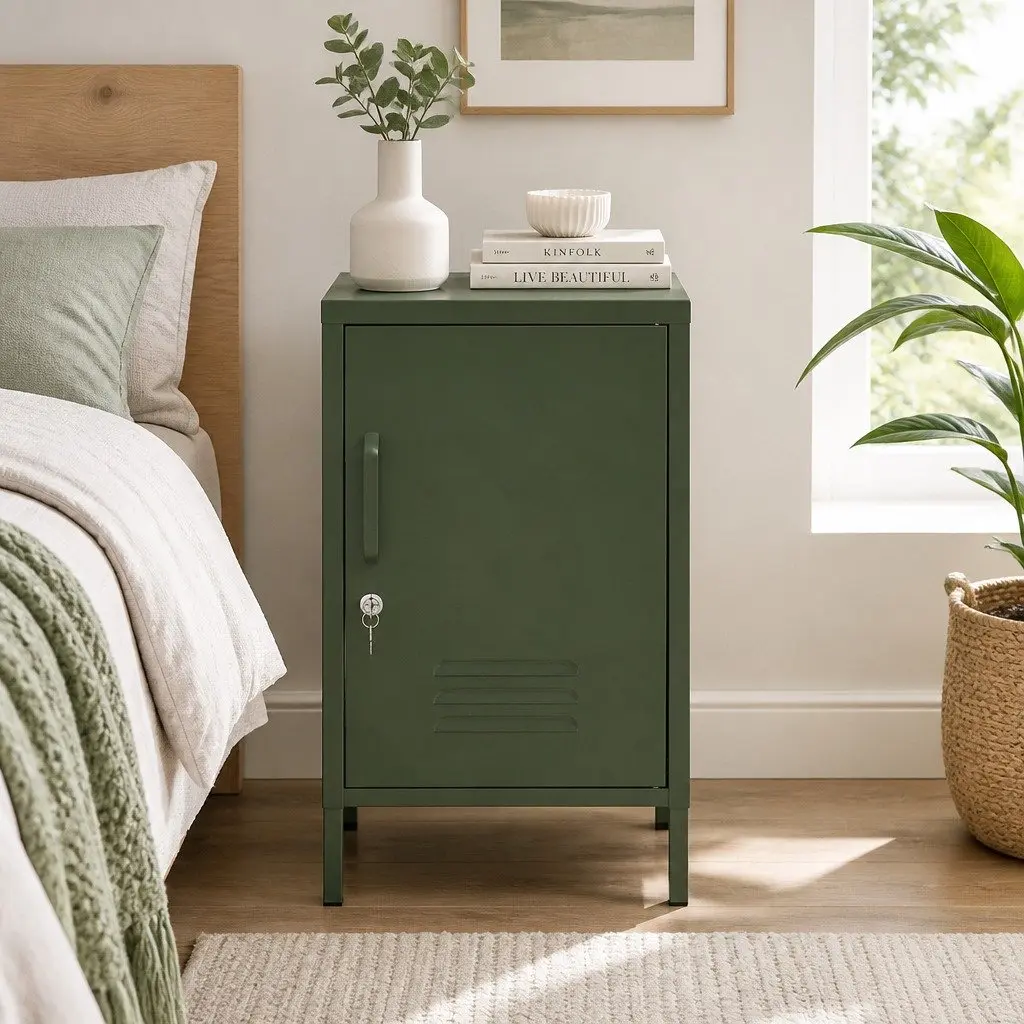 Green Metal Bedside Table with Adjustable Shelf