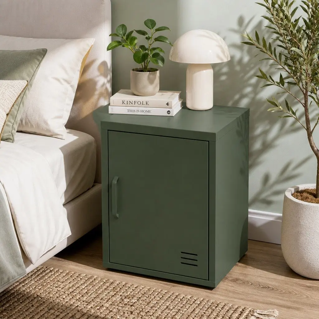 Green Metal Bedside Table with Adjustable Shelf