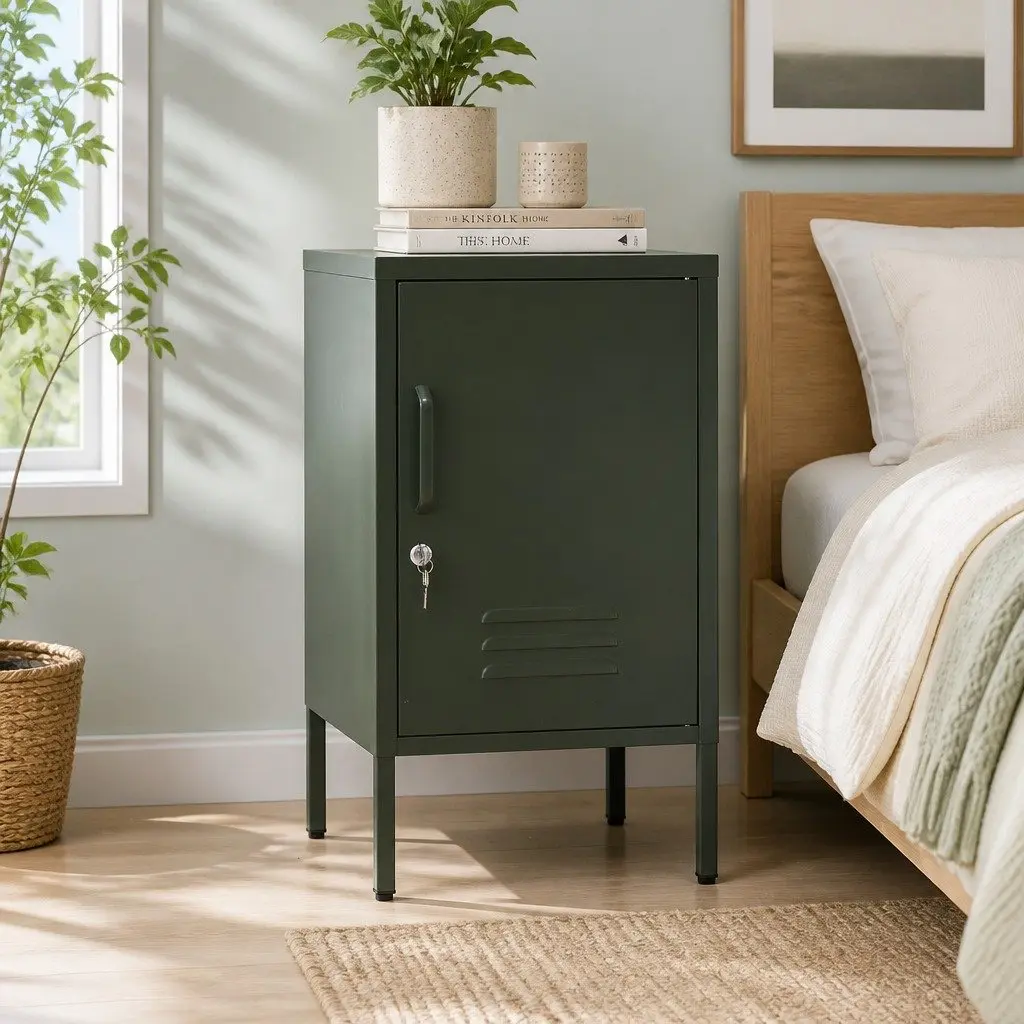 Green Metal Bedside Table with Adjustable Shelf