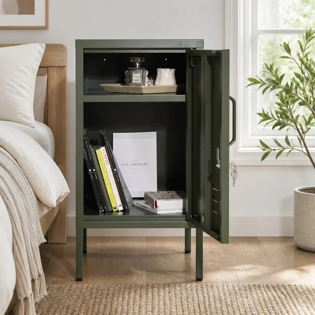 Green Metal Bedside Table with Adjustable Shelf