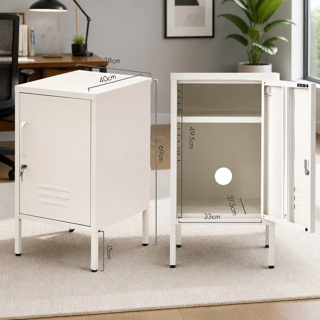 White Metal Bedside Table with Adjustable Shelf