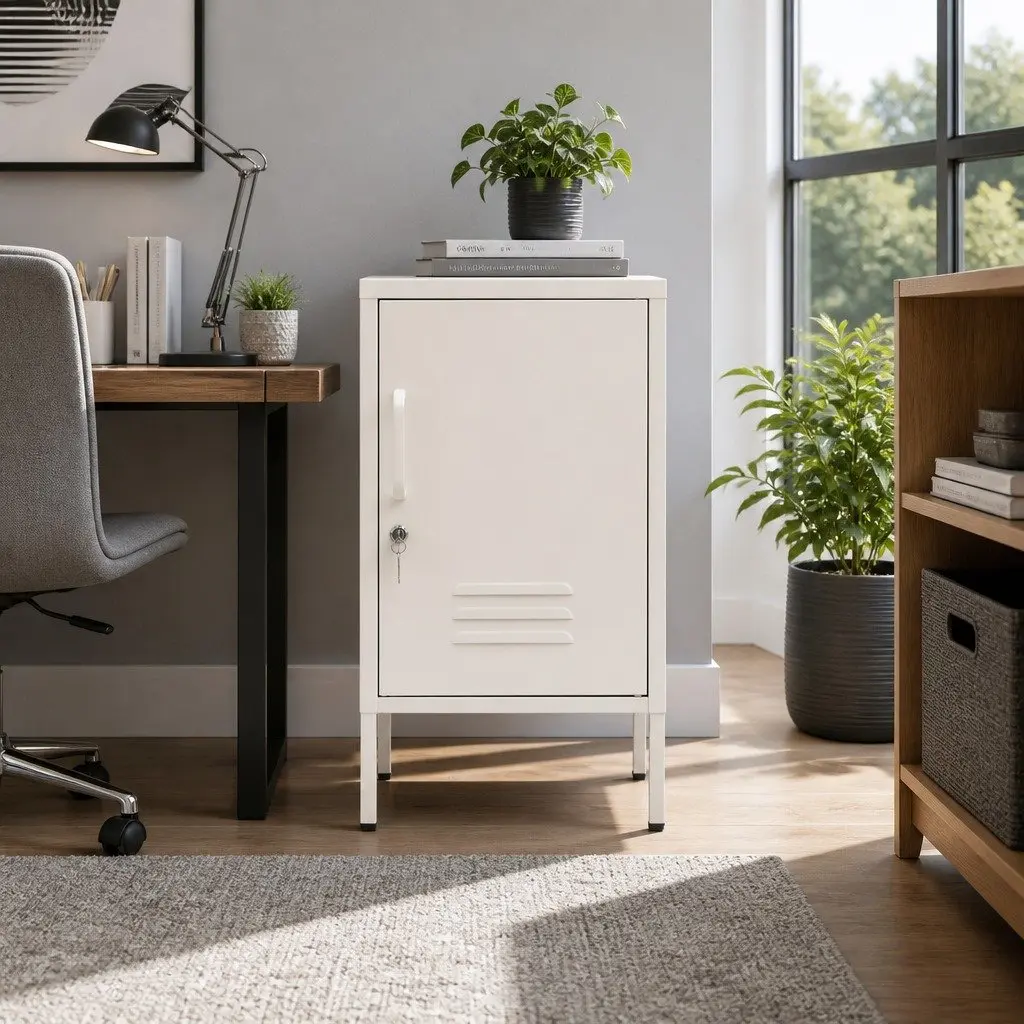 White Metal Bedside Table with Adjustable Shelf