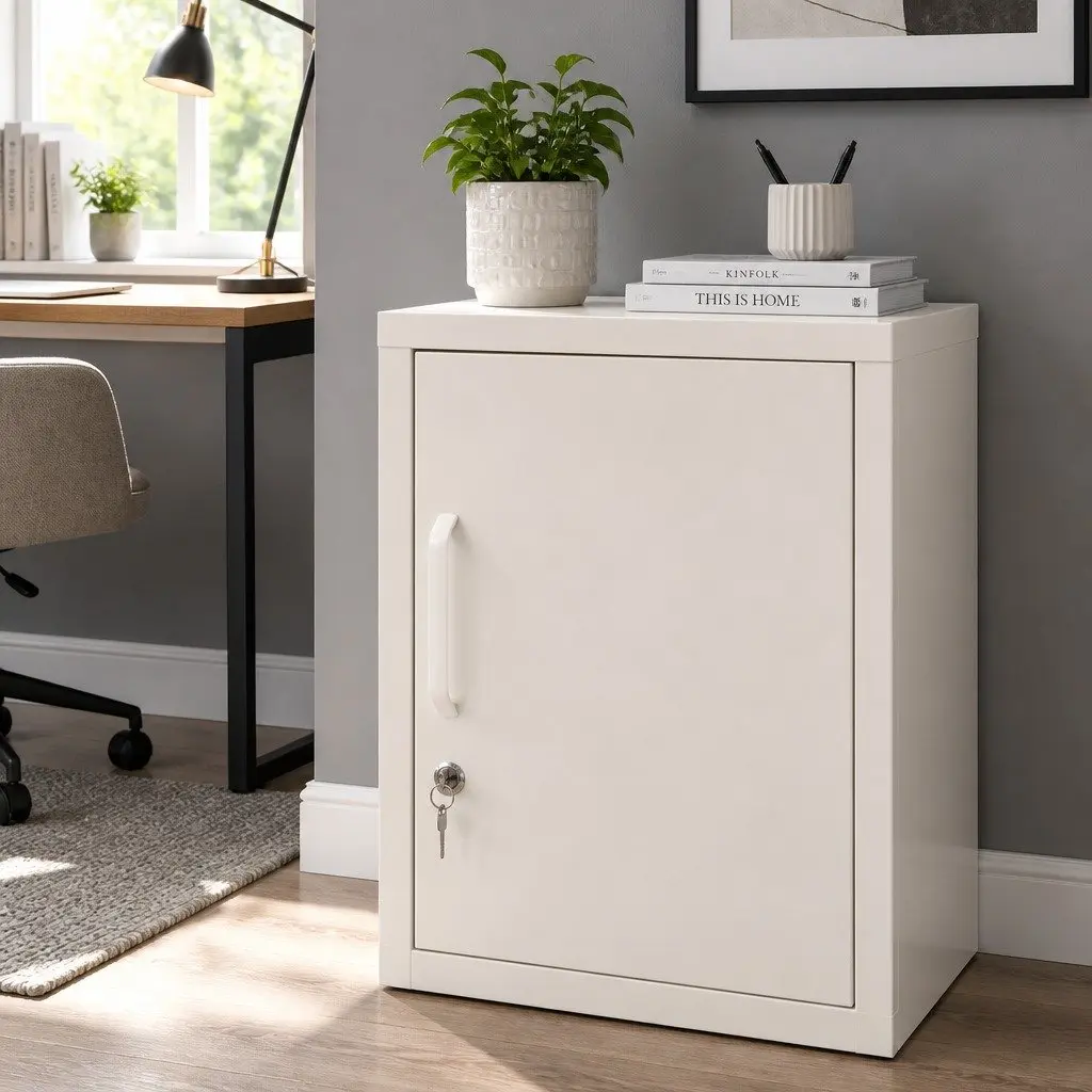 White Metal Bedside Table with Adjustable Shelf