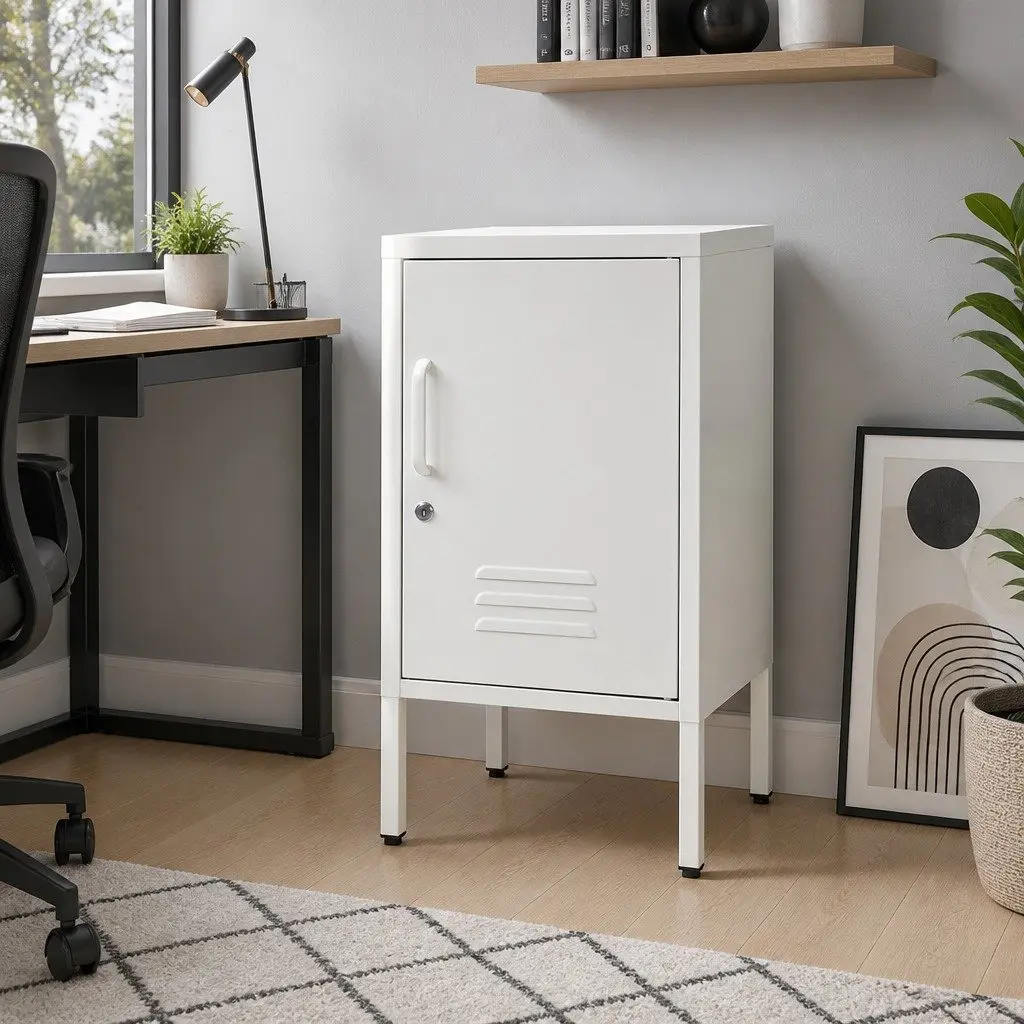 White Metal Bedside Table with Adjustable Shelf