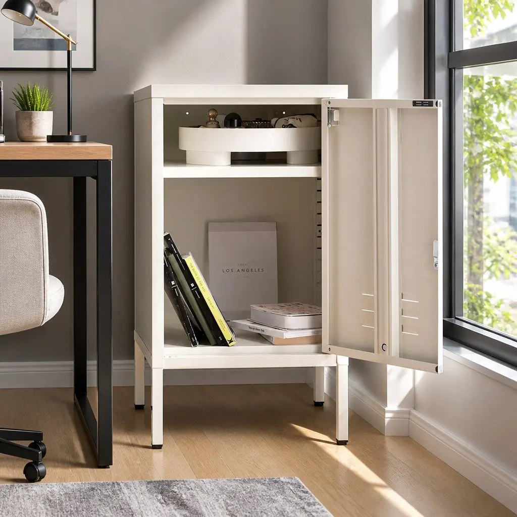White Metal Bedside Table with Adjustable Shelf