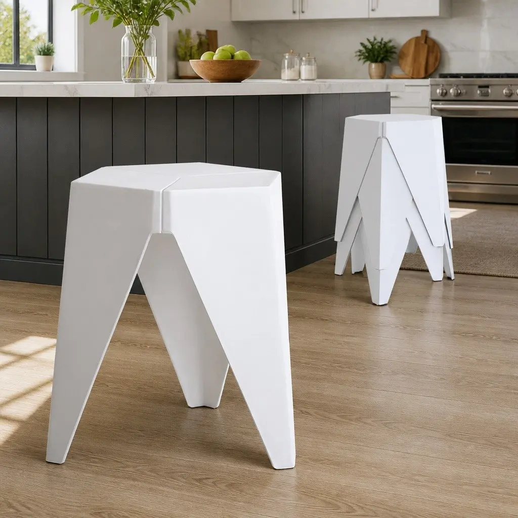 4PC Puzzle Stackable Bar Stools White Modern Design Seat Storage Versatile Use