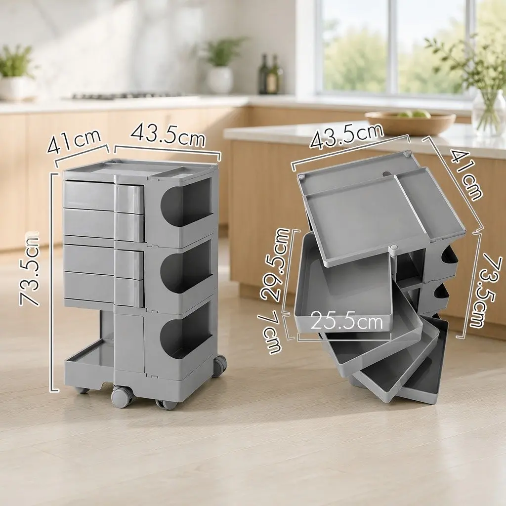 Storage Trolley PP 5 Tier Cart Organiser 41cm x 43.5cm x 73.5cm Grey