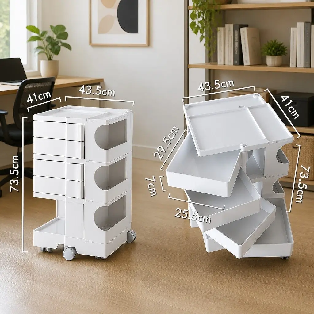 White Storage Trolley with Fold-Out Shelves