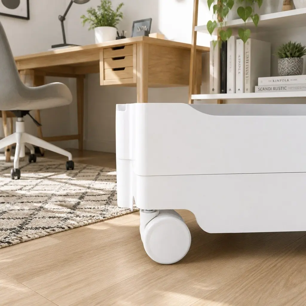 White Storage Trolley with Fold-Out Shelves