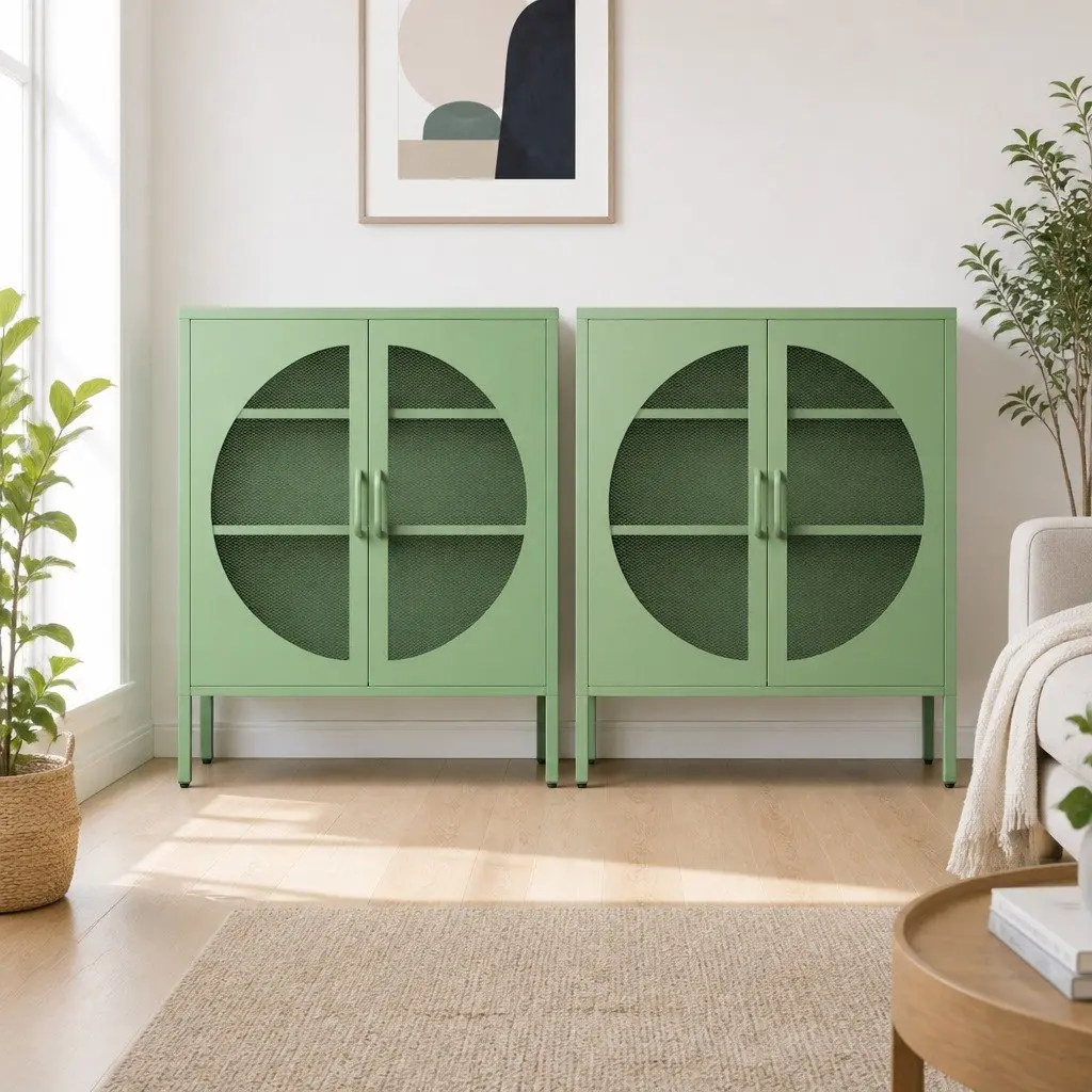 Buffet Sideboard Cabinet Cold Rolled Steel 80cm W x 40cm D x 102cm H Light Green 2-Door Storage Mesh Doors