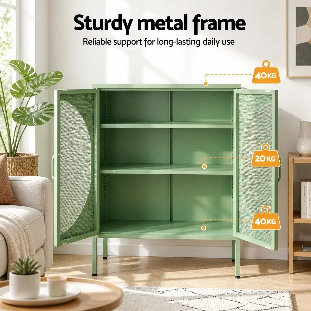 Buffet Sideboard Cabinet Cold Rolled Steel 80cm W x 40cm D x 102cm H Light Green 2-Door Storage Mesh Doors