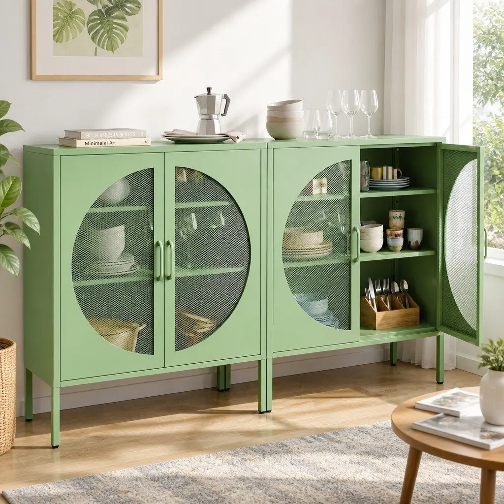 Buffet Sideboard Cabinet Cold Rolled Steel 80cm W x 40cm D x 102cm H Light Green 2-Door Storage Mesh Doors
