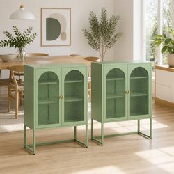 2x Buffet Sideboard Cabinet Storage Mesh Doors Green Dining Cupboard Set