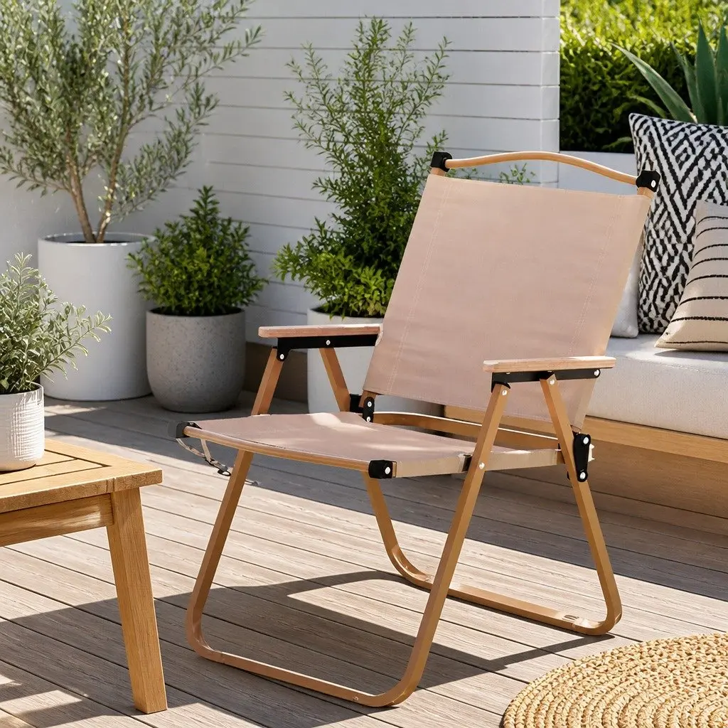Outdoor Folding Chair Steel 53L x 67W x 78H cm Water-resistant 900D Oxford Fabric Lightweight Beige