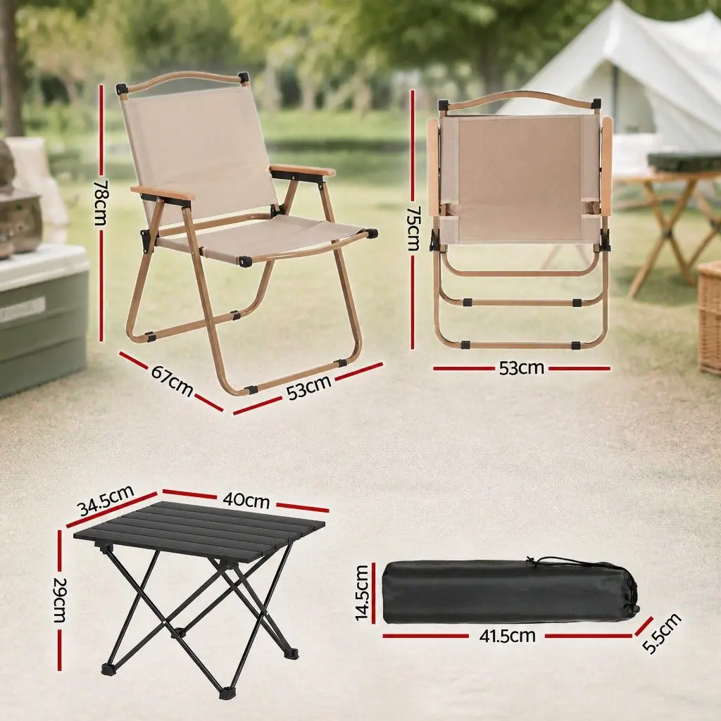 3 Piece Camping Table Chair Set Aluminium Portable Folding Outdoor Furniture Beige Black