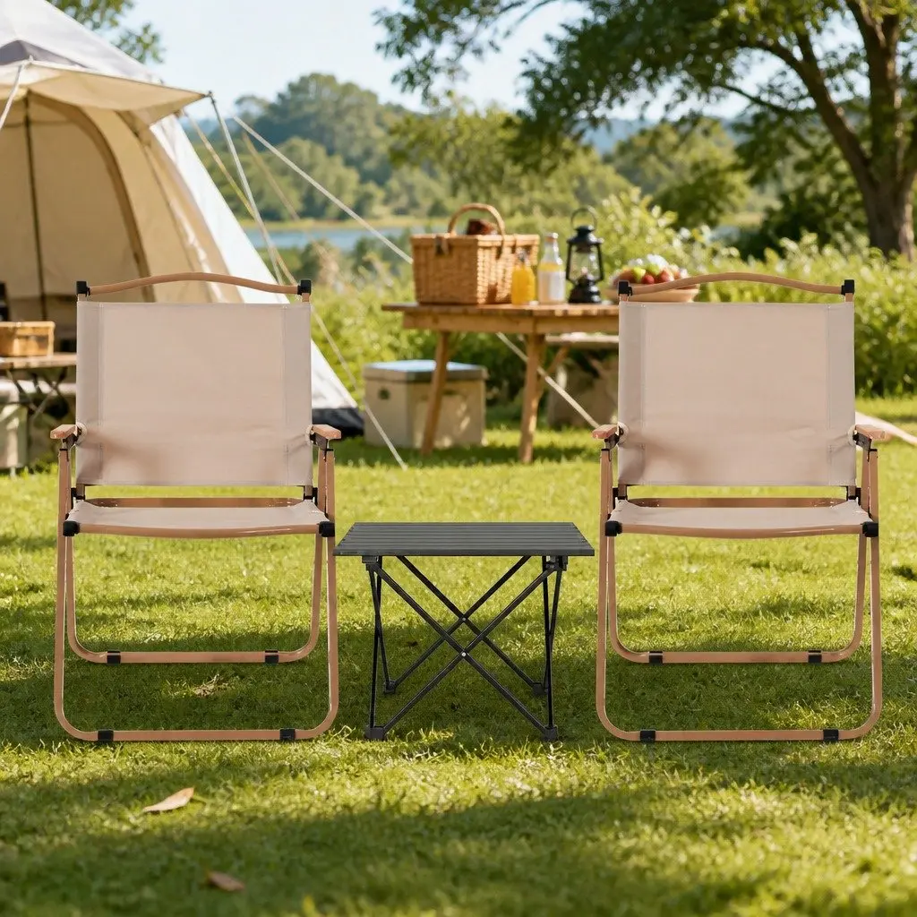 3 Piece Camping Table Chair Set Aluminium Portable Folding Outdoor Furniture Beige Black
