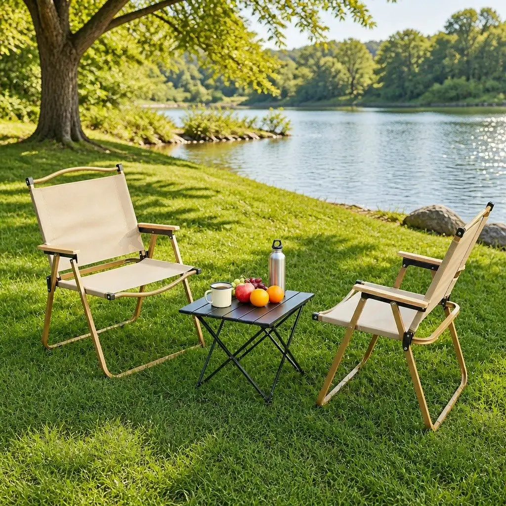 3 Piece Camping Table Chair Set Aluminium Portable Folding Outdoor Furniture Beige Black