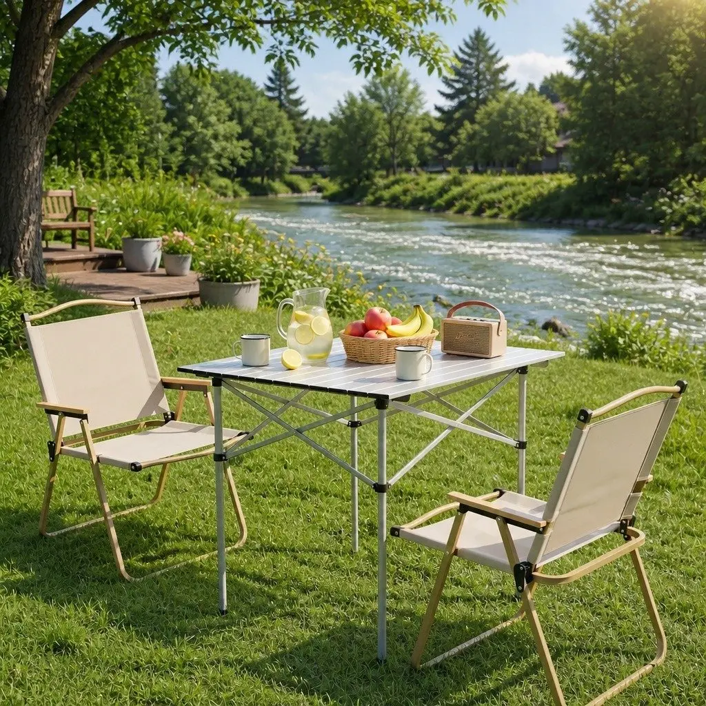 Camping Table Chair Set Aluminium Steel 3-Piece Portable Folding Outdoor Picnic Beige Silver