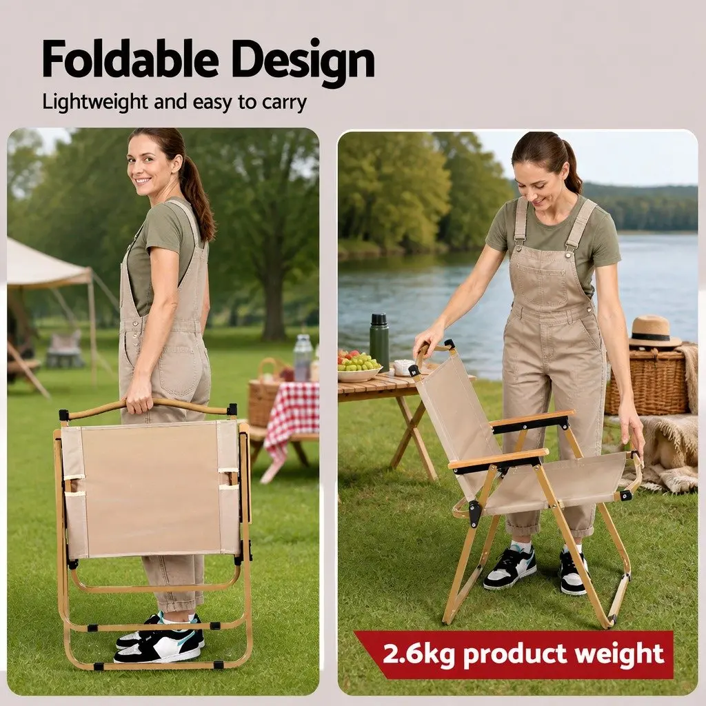 Camping Table Chair Set Aluminium Steel 3-Piece Portable Folding Outdoor Picnic Beige Silver