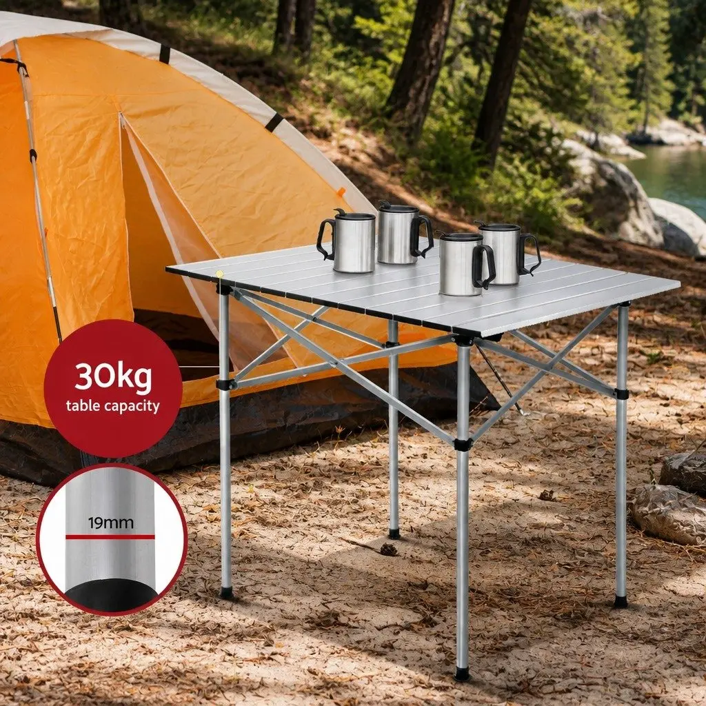 Camping Table Chair Set Aluminium Steel 3-Piece Portable Folding Outdoor Picnic Beige Silver