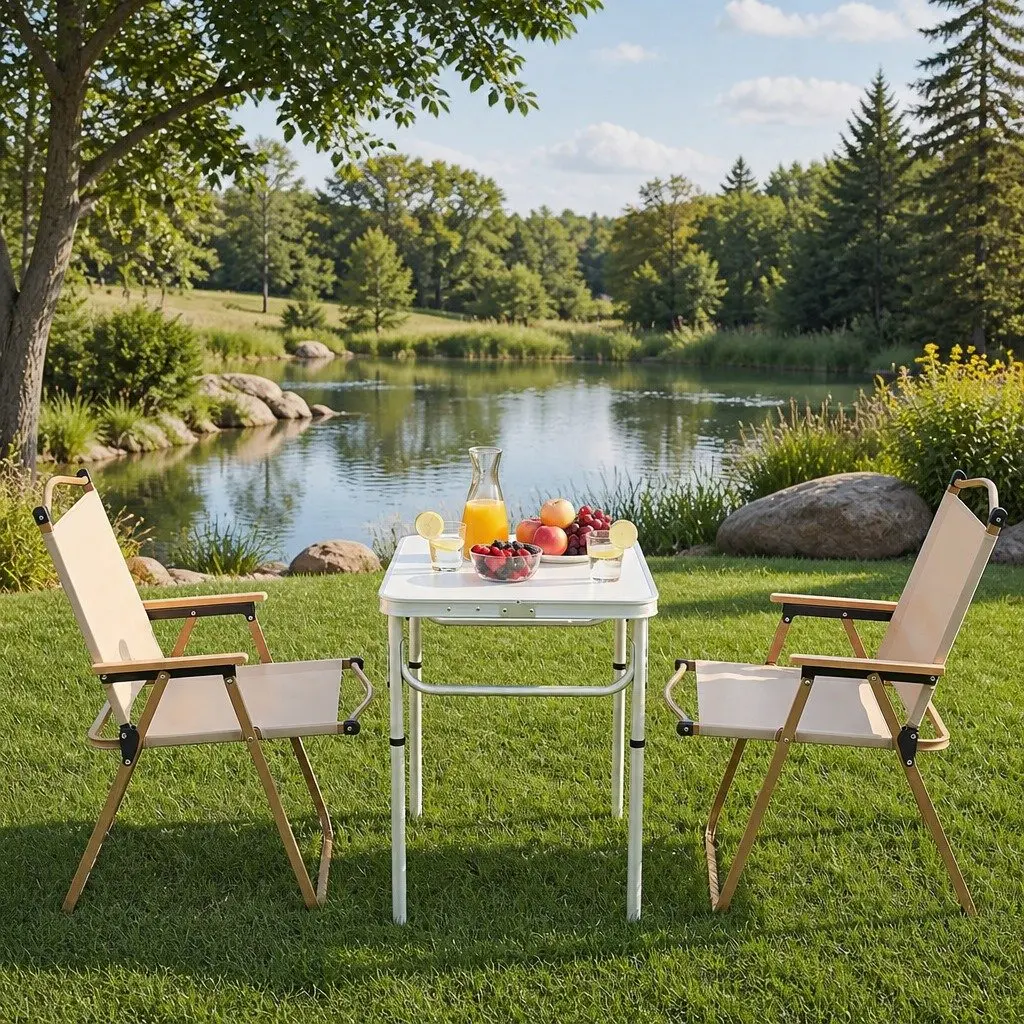 3 Piece Camping Set Aluminium Folding Table with Steel Chairs Portable Outdoor Picnic Furniture