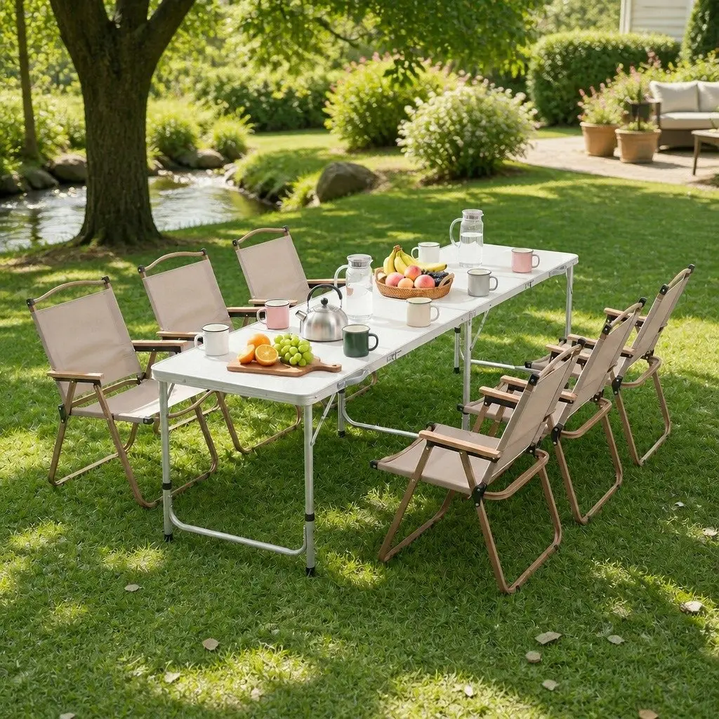 7 Piece Folding Camping Table Chair Set Aluminium Portable Lightweight Beige Silver