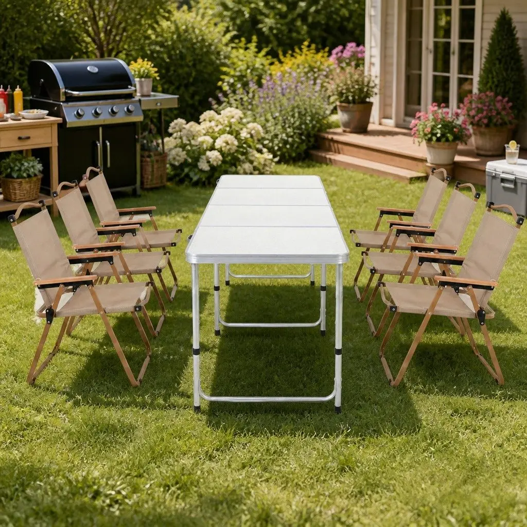 7 Piece Folding Camping Table Chair Set Aluminium Portable Lightweight Beige Silver