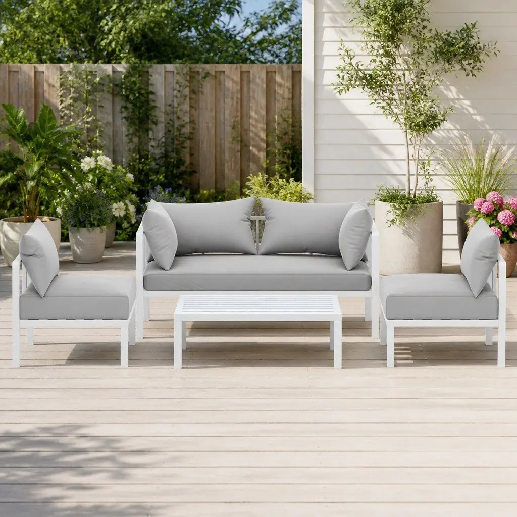 Outdoor Lounge Set Aluminium 4 Seater Sofa Grey Cushions White Frame Coffee Table