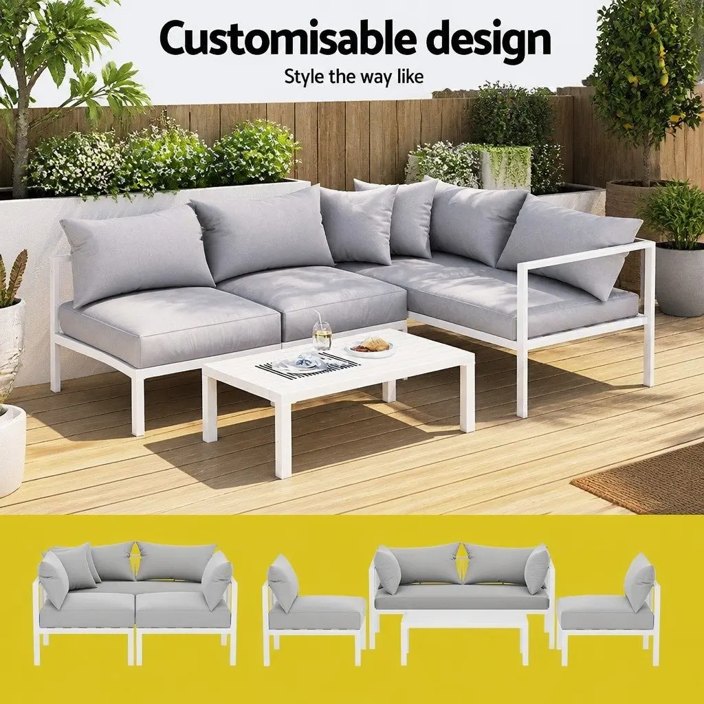 Outdoor Lounge Set Aluminium 4 Seater Sofa Grey Cushions White Frame Coffee Table