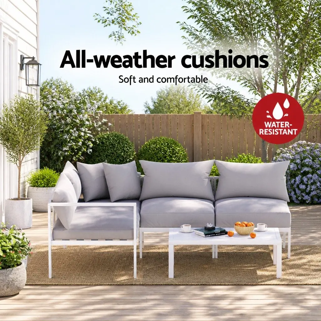 Outdoor Lounge Set Aluminium 4 Seater Sofa Grey Cushions White Frame Coffee Table