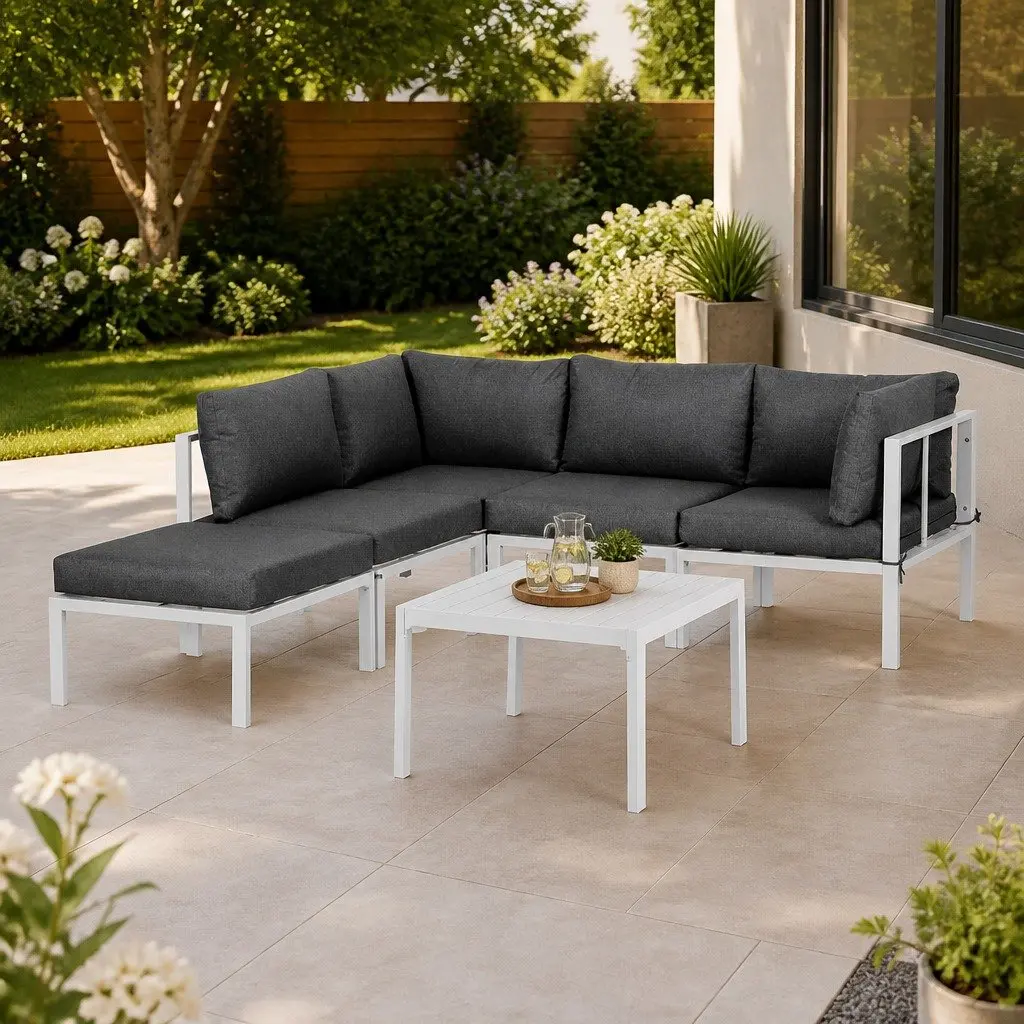 6-Piece Outdoor Sofa Set with Aluminium Frame and White Cushions