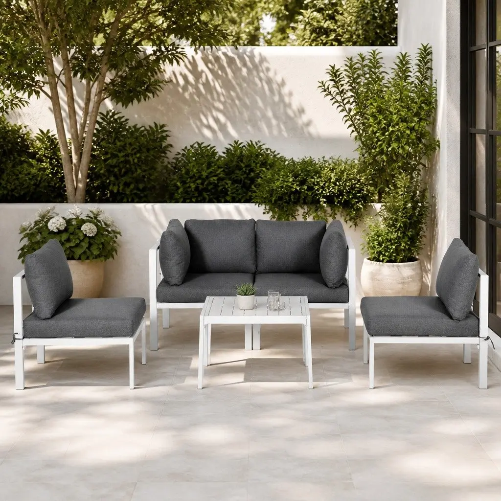 Outdoor Lounge Sofa Set Aluminium Frame White Grey Cushions 6 Piece