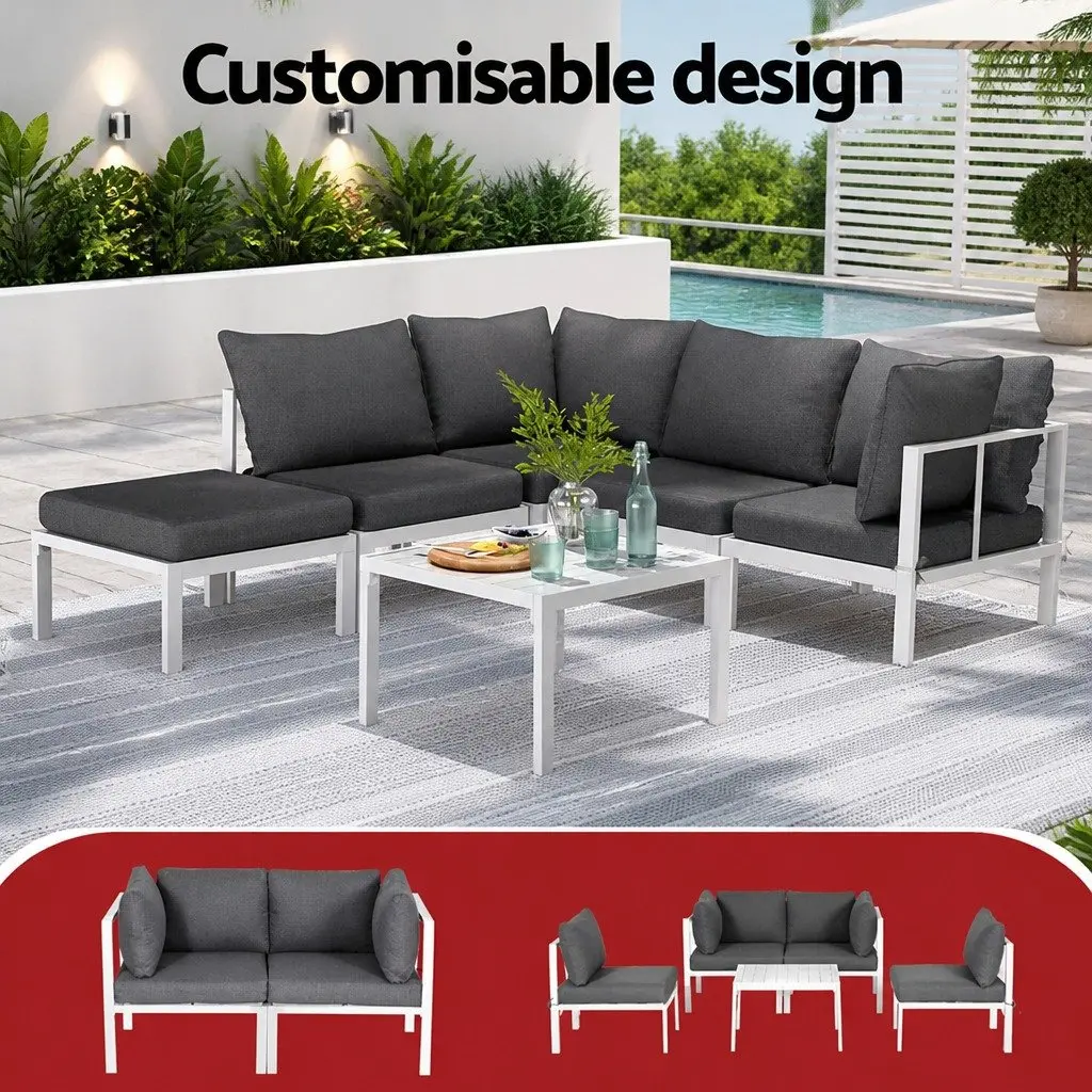 Outdoor Lounge Sofa Set Aluminium Frame White Grey Cushions 6 Piece