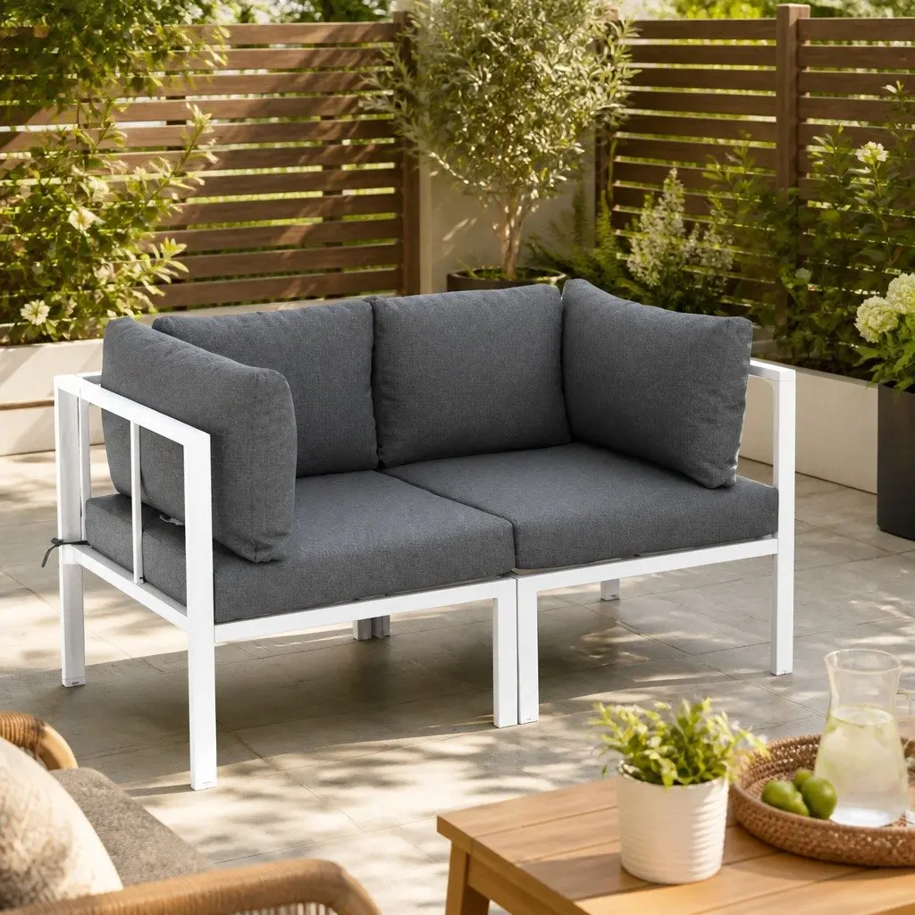 Outdoor Lounge Sofa Set Aluminium Frame White Grey Cushions 6 Piece