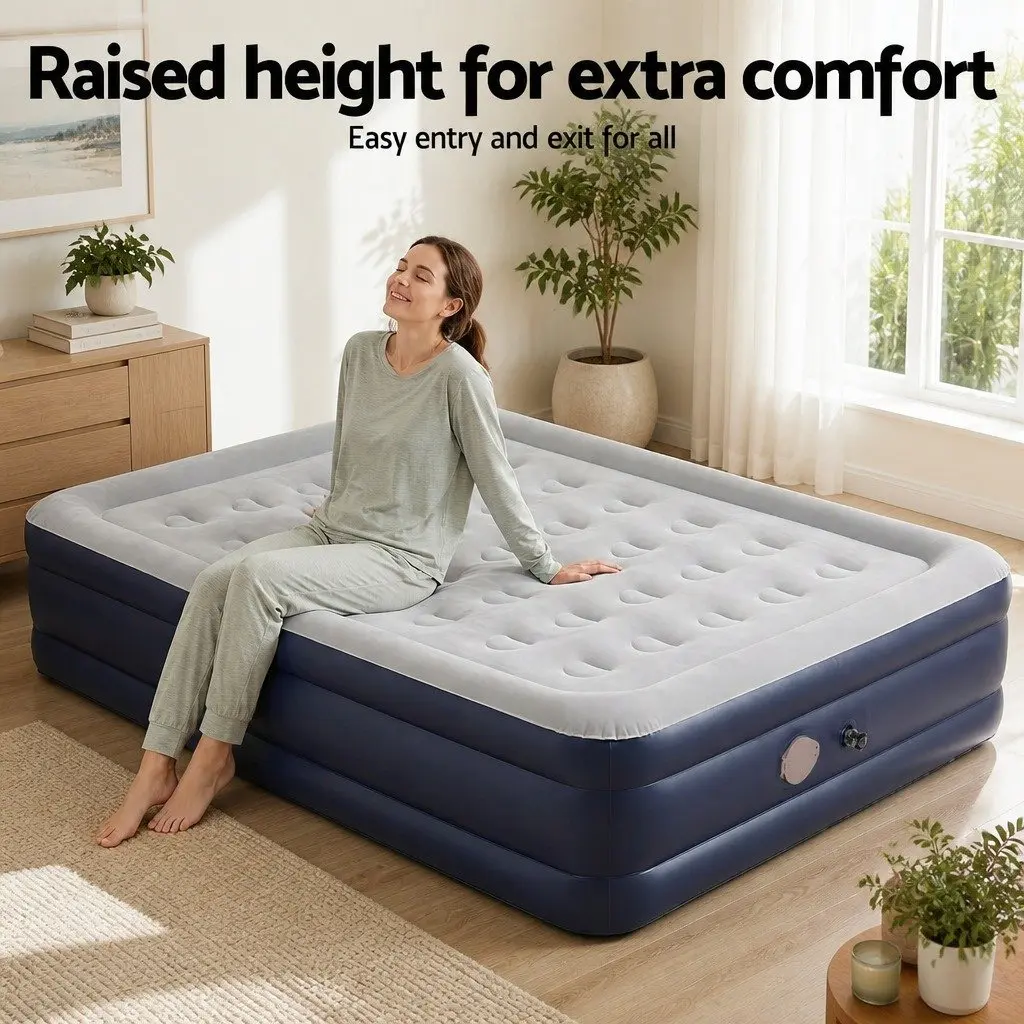 Queen Air Mattress PVC 203cm x 152cm 46cm Height Flocked Navy Blue Grey