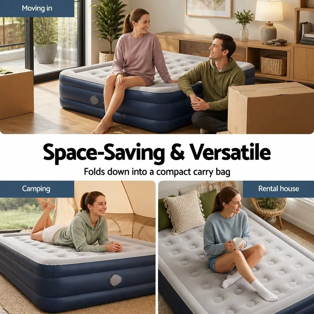 Queen Air Mattress PVC 203cm x 152cm 46cm Height Flocked Navy Blue Grey