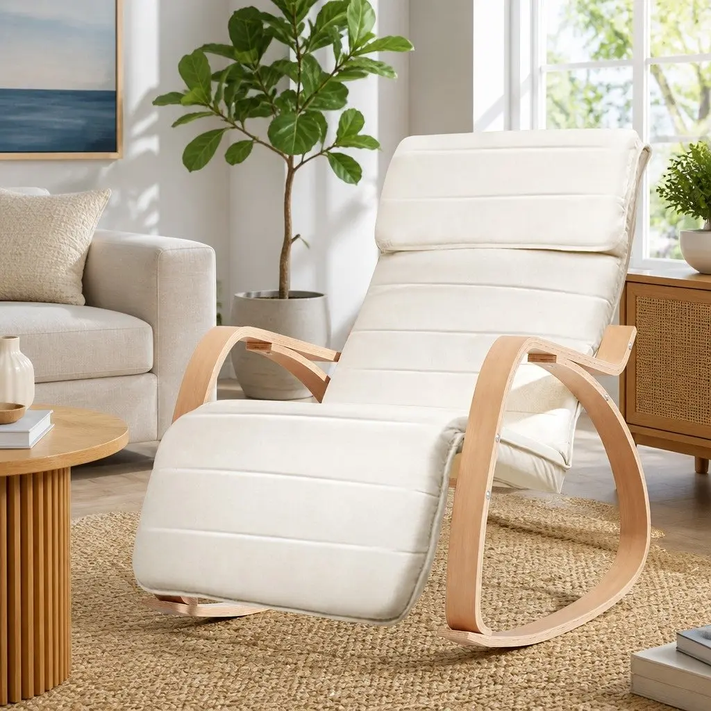 Beige Rocking Armchair with Adjustable Footrest