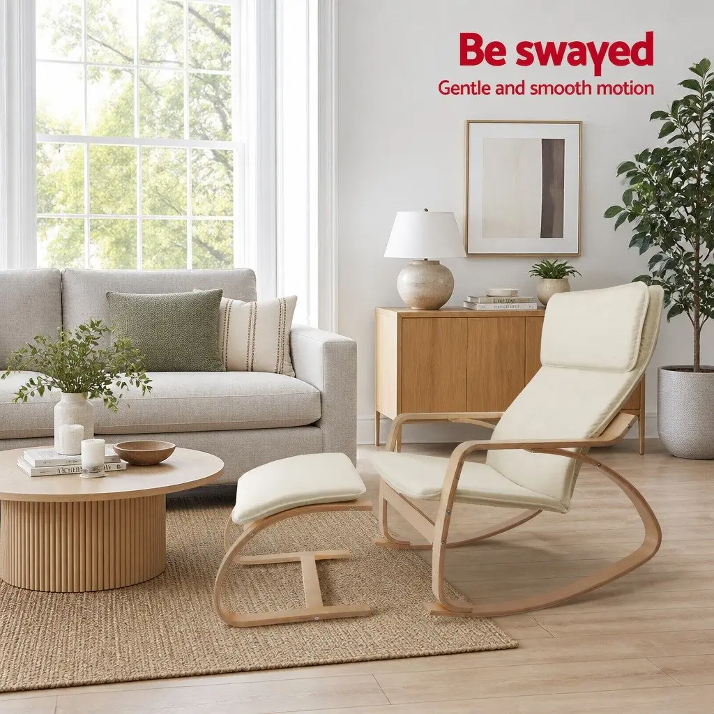Rocking Armchair Bentwood Beige Lounge Chair with Footstool