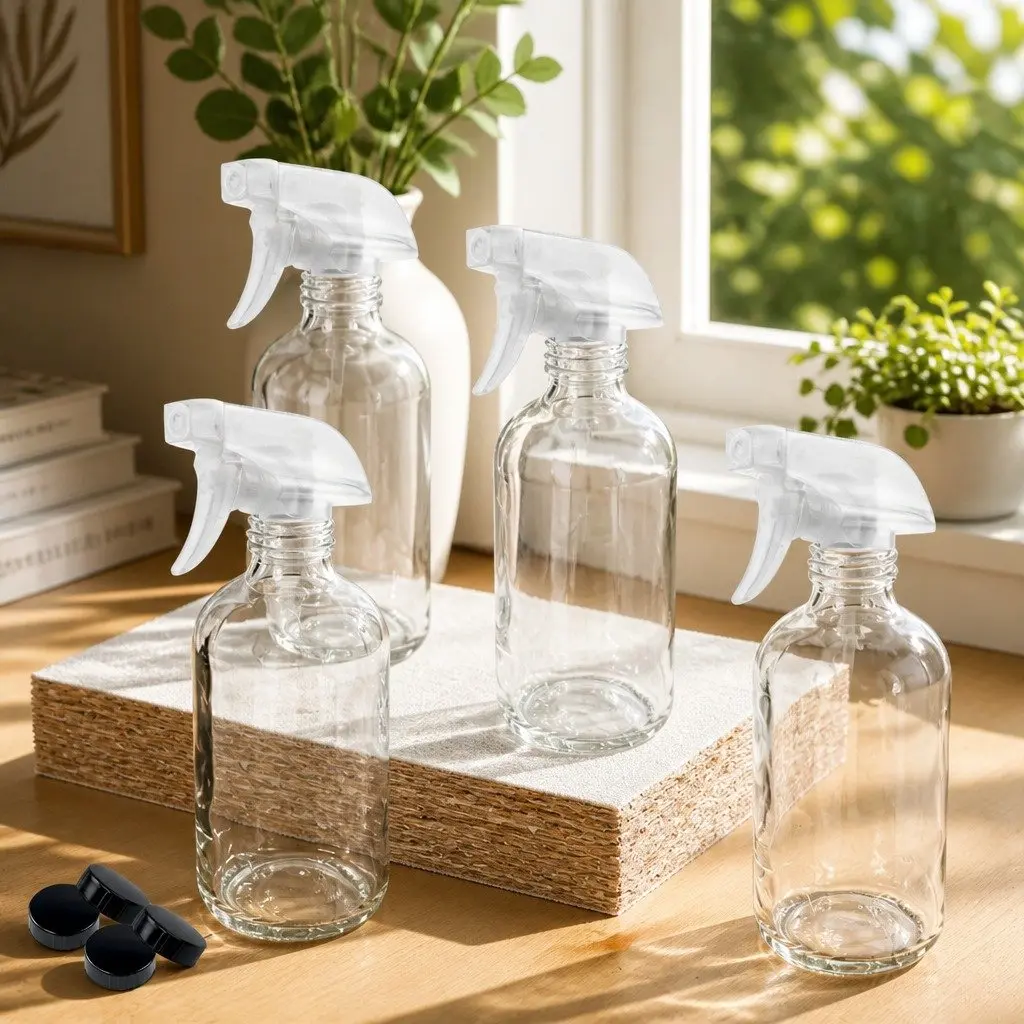 500ml Clear Glass Spray Bottles Ergonomic Trigger Nozzle 4 Piece